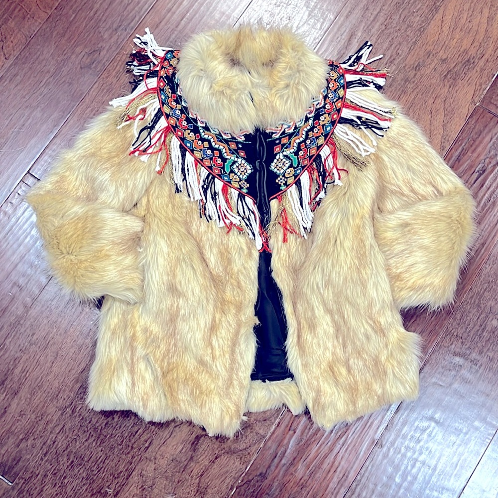 Embroidered Faux Fur Jacket - Tan